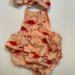 3-6 month peach colored Boutique style flamingo romper with ruffles and tie neck